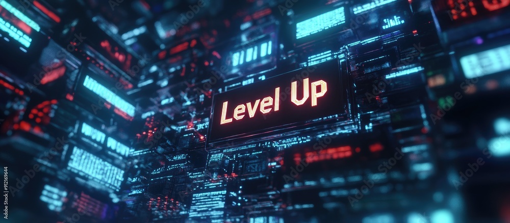 Poster 3d rendering of level up text featuring dramatic screen effects and technological glitches showcasin