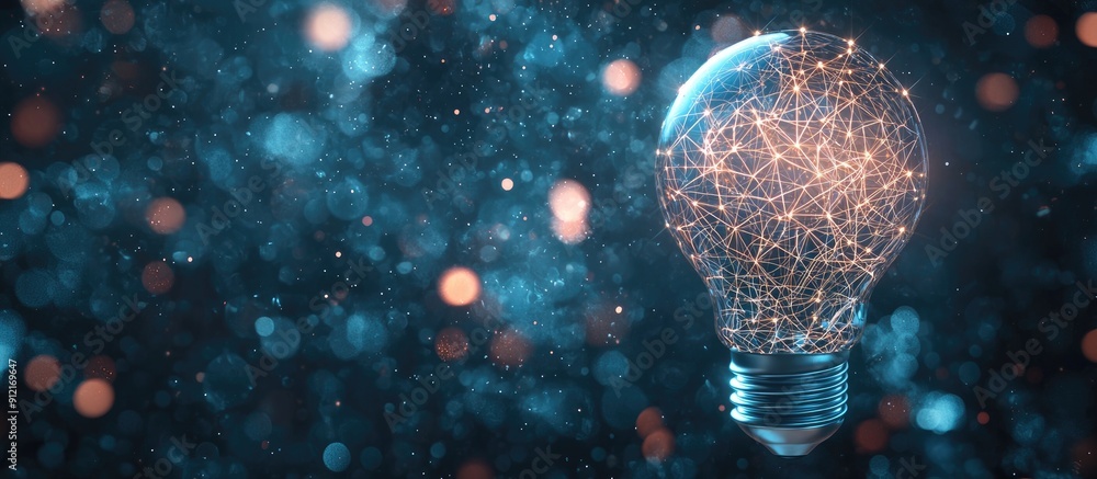 Poster a digital light bulb featuring a network pattern set against a dark blue background representing inn