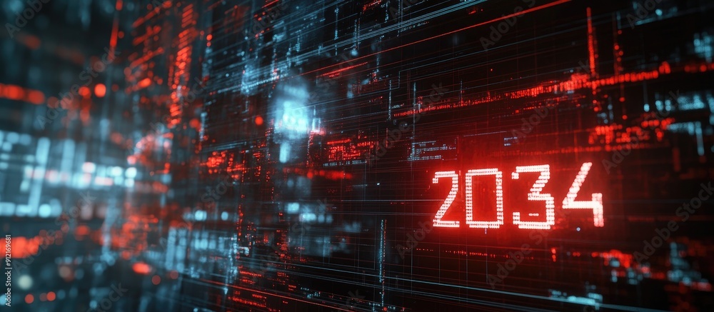 Poster 3d rendering of 2034 text featuring technological glitches and screen interference effects
