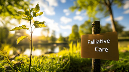 Serene Landscape with Solitary Tree Symbolizing Strength and Resilience, Subtly Featuring "Palliative Care" Sign