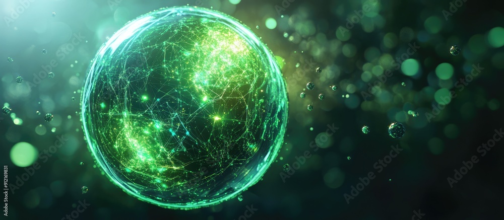 Poster abstract glowing green energy sphere with a molecular nucleus and a round background featuring flyin