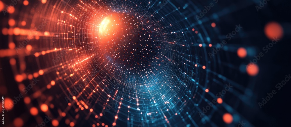 Poster abstract illustration of glowing dots and connections within a dynamic hexagon tunnel symbolizing ne