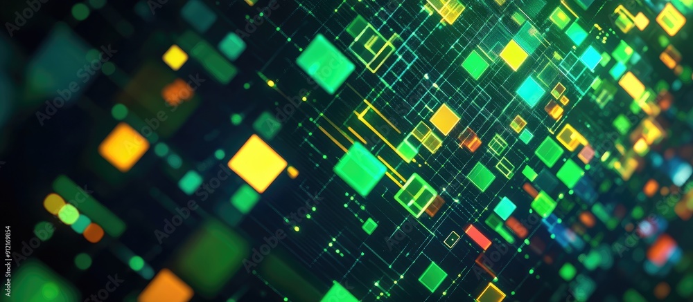 Poster abstract green mosaic background with multicolored led squares vibrant pixel grid design emphasizing