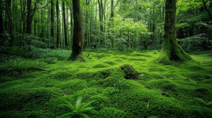 Fototapeta premium Lush Green Forest Floor Covered in Moss - A vibrant green forest floor covered in soft moss, surrounded by towering trees, symbolizing tranquility, nature, growth, serenity, and life.