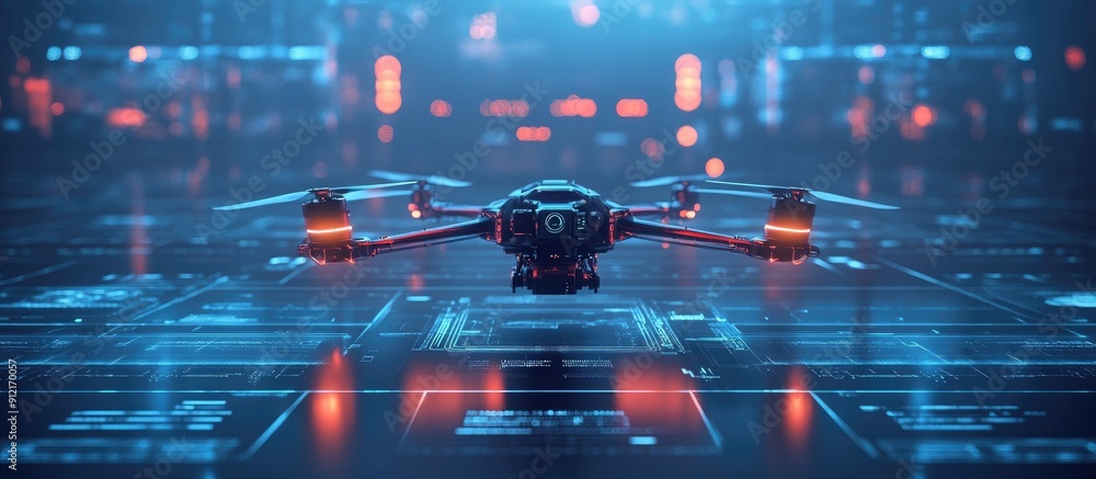 Poster advanced drone group control system military technology conceptual 3d rendering abstract background