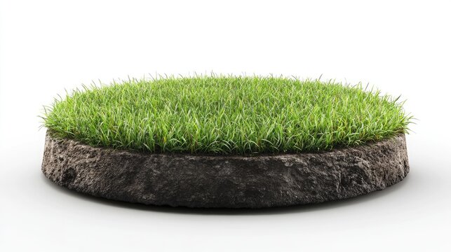 3D grass ground platform with green lawn and garden soil, isolated background. Circular display stand featuring plant cross-sections and topographic environment, with a mudstone texture.