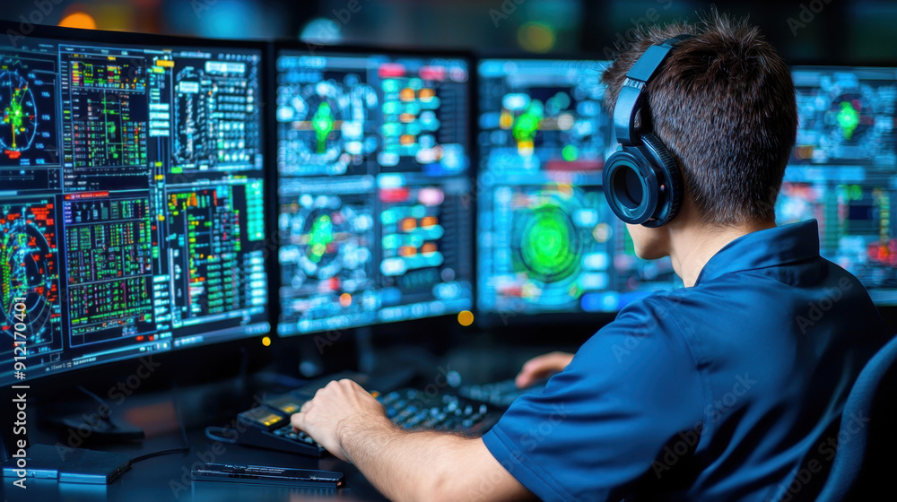 Poster a focused individual wearing headphones works at a desk surrounded by multiple high-tech screens dis