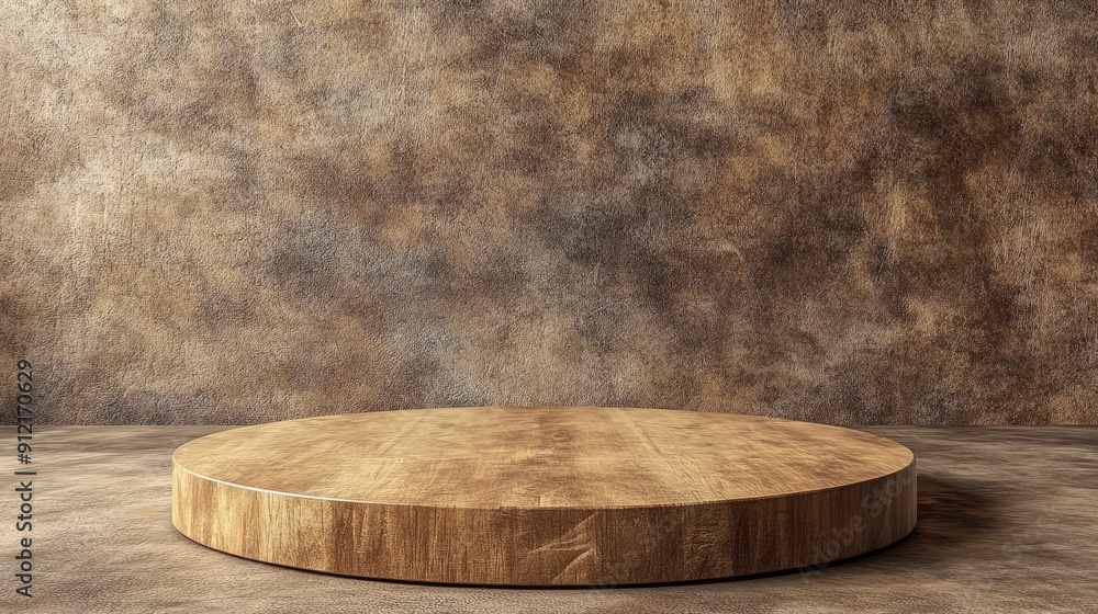 Poster circle wooden podium with a textured background, ideal for product display stands. featuring an empt