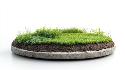 Circular display stand with 3D grass, isolated background showing garden soil and green lawn. Platform provides a topographic cross-section of plants, with a mudstone texture