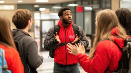 First-year students participating in a campus tour, guided by enthusiastic upperclassmen, discovering key locations and learning about campus life, the tour designed to help them feel at home and