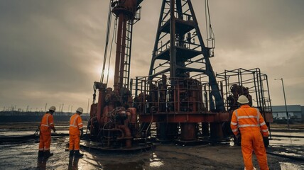 Workers standing and checking beside working oil pumps