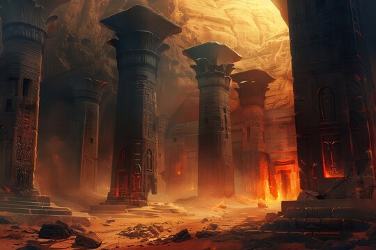 A depiction of an ancient temple with towering pillars in a desert setting - Powered by Adobe