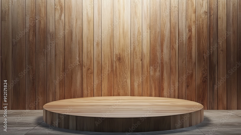 Poster wooden podium background with a circular platform for product display. featuring a textured floor an