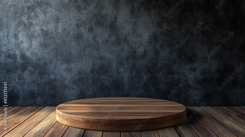Poster wooden podium background with a circular platform for product display. featuring a textured floor an