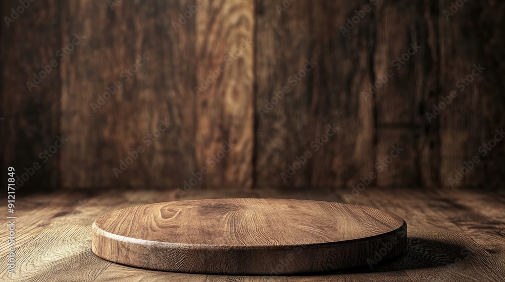 Poster wooden podium background with a circular platform for product display. featuring a textured floor an