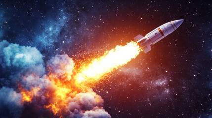 A modern rocket blasts off into the starry night, leaving a trail of smoke and fire. It's a symbol of space travel and exploration, with plenty of room for your own words and designs.