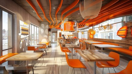 Modern Orange Restaurant Interior Design with Curved Ceiling - This image showcases a contemporary restaurant interior design with a unique orange curved ceiling,  orange chairs, wooden tables, and sl