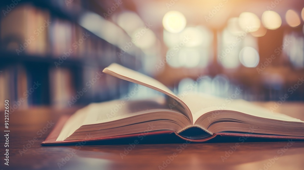 Poster open book on a wooden table in a library - a close-up image of an open book lying on a wooden table 