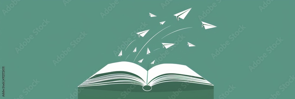 Poster open book with paper airplanes flying out - knowledge and imagination - an open book with paper airp