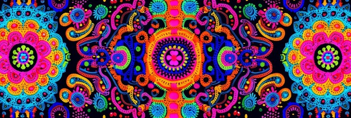 Fototapeta premium Psychedelic Mandala Design with Vibrant Colors - A captivating design with a central mandala surrounded by intricate patterns and vibrant colors symbolizing unity, harmony, balance, spirituality, and 