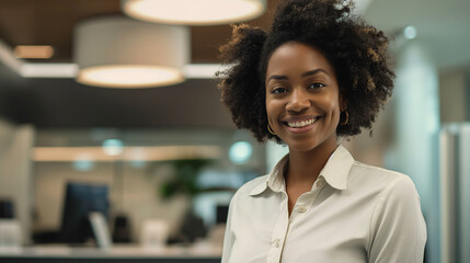 A confident African American business woman in a suit, smiling warmly in a modern office setting, exuding professionalism and success.