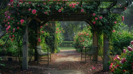 Fototapeta premium Romantic Garden Pathway with Wooden Pergola and Pink Roses - A picturesque garden pathway framed by a wooden pergola adorned with vibrant pink roses, symbolizing love, beauty, tranquility, nature, and