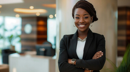 A confident African American business woman in a suit, smiling warmly in a modern office setting, exuding professionalism and success.