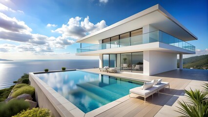 Fototapeta premium Coastal Serenity: A Modern White Villa with Infinity Pool and Breathtaking Sea Views generative AI