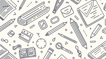 Seamless Pattern of Stationery and Office Supplies - This pattern showcases a collection of stationery items such as notebooks, pens, pencils, rulers, and more. It symbolizes organization, productivit