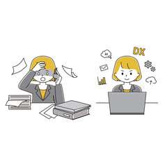 アナログ業務からDX化で業務の効率化が進んだ女性のイラストセット