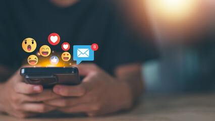 Using social media via smartphone ,internet of things, network icon connection, social marketing, digital online ,information technology ,Talking communicating using symbols and expressing feelings