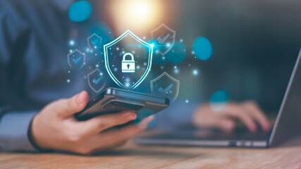 businessman connected network with virtual icon,internet security concept, cyber security online,...