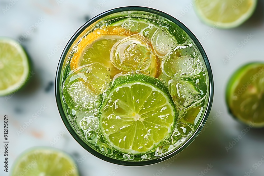 Wall mural Refreshing Citrus Beverage with Lime and Lemon Slices in a Glass, Perfect for Summer Drinks, Posters, and Menu Design