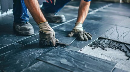 Construction Worker Installing Tiles on Floor