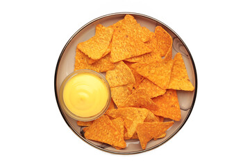 Tasty nachos with cheese sauce isolated on white background.