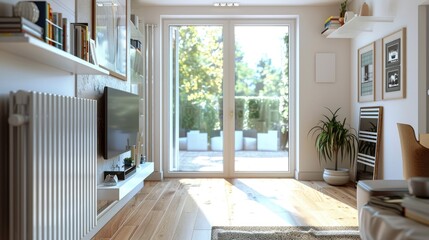 Bright Modern Home Interior Featuring White Metal Plant Stands Near Large Window in a Serene Environment