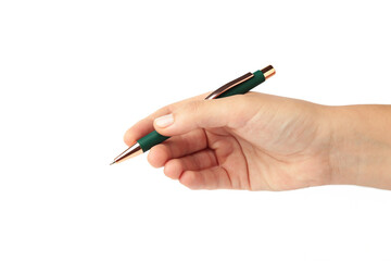Woman's hand holding a pen isolated on white background.