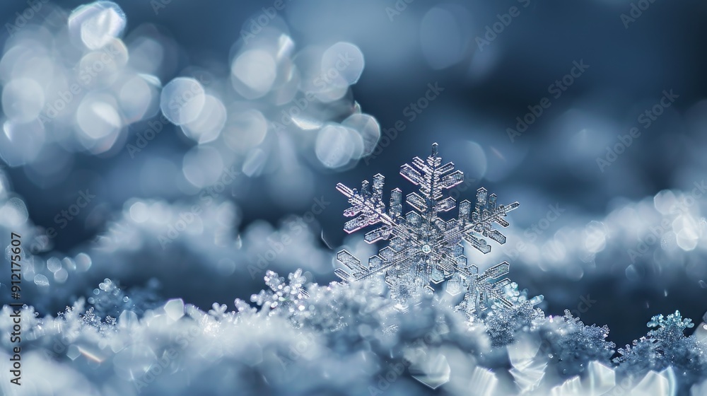 Poster single snowflake in a snowy landscape - a single snowflake stands out against a backdrop of snow and