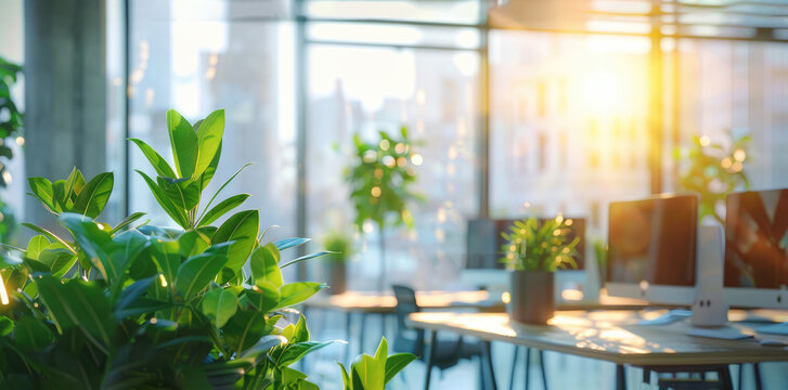 Bright Modern Office Interior Featuring Panoramic Windows and Work Desks During Sunny Daylight Hours