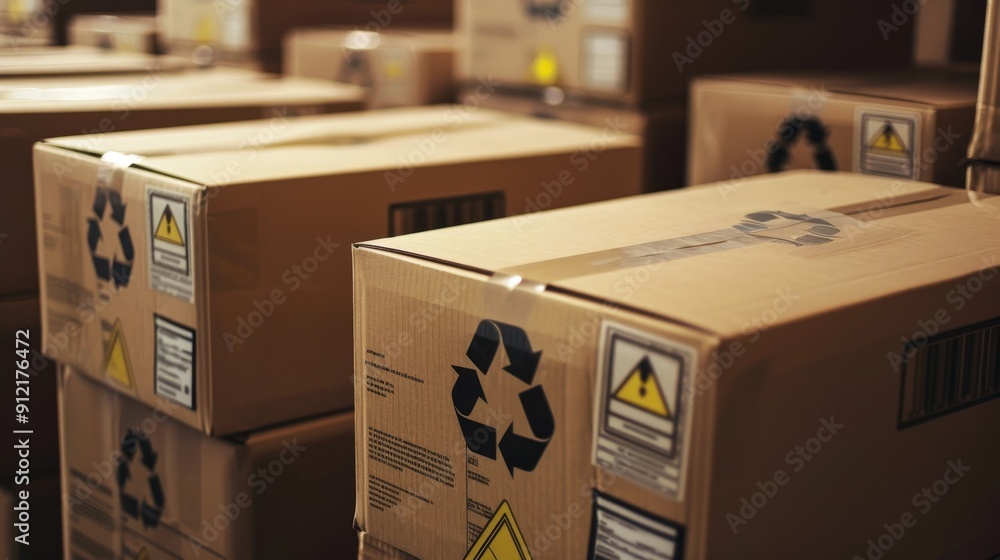 Poster stacked cardboard boxes with recycle symbol and warning signs - a stack of cardboard boxes with recy
