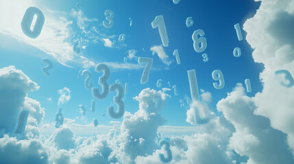 Floating numbers in blue sky with clouds create surreal atmosphere. scene evokes sense of wonder and imagination, blending nature with abstract concepts