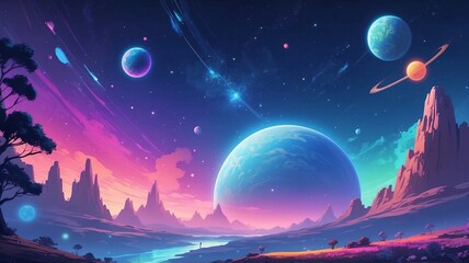 Fototapeta premium A breathtaking scene featuring majestic planets with vibrant skies over a serene landscape of jagged peaks.
