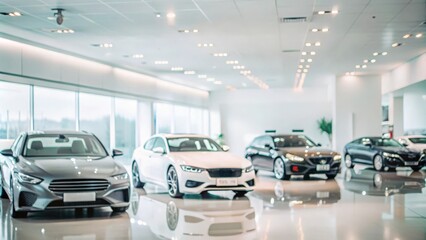 Obraz premium Elegant auto showroom with luxury cars and sophisticated decor 