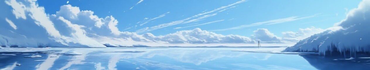 Frozen Veil of Ice: An Animated Snow Scene with a Glassy Lake Reflecting the Sky's Canvas