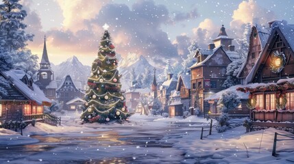 A cozy cabin adorned with lights creates a serene winter scene, nestled in a snow-covered forest and illuminated by a beautiful sunset.