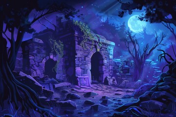 Obraz premium Stone Archway Entrance to a Mysterious Forest at Night