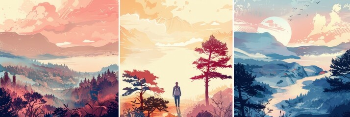 Tranquil Mountain Landscape at Sunrise - A serene landscape with a solitary figure walking towards a mountain range, representing themes of peace, exploration, and new beginnings. The sun's glow creat