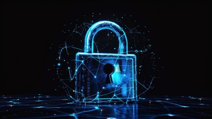 A futuristic glowing blue transparent glass lock on a black background, symbolizing security and advanced technology
