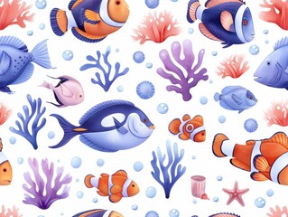 Fototapeta premium A seamless watercolor pattern depicting an underwater world filled with colorful fish and vibrant coral reefs, showcasing the beauty of marine life.