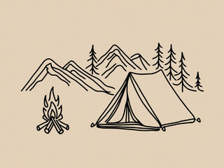 One continuous line drawing of mountain range landscape.